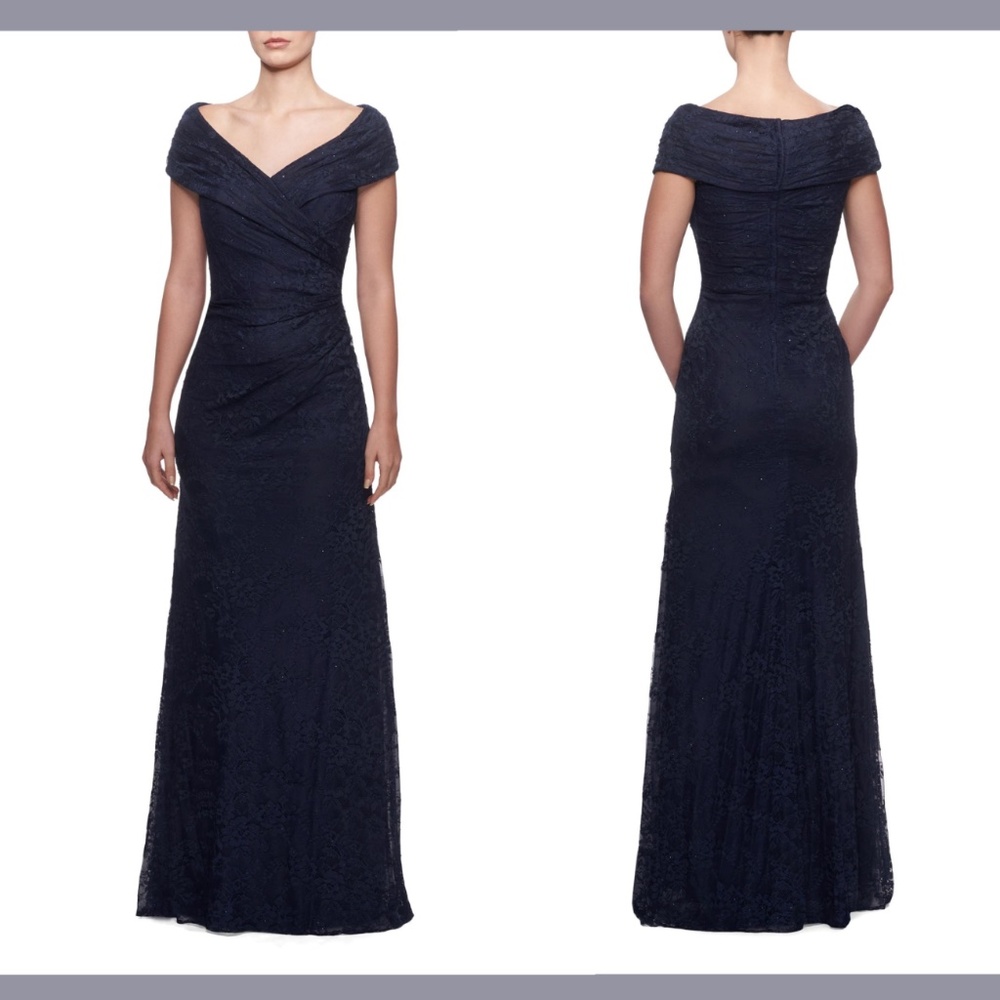 NEW La Femme [ 8 ] Portrait Neck Sparkle‎ Lace Gown in Navy Blue